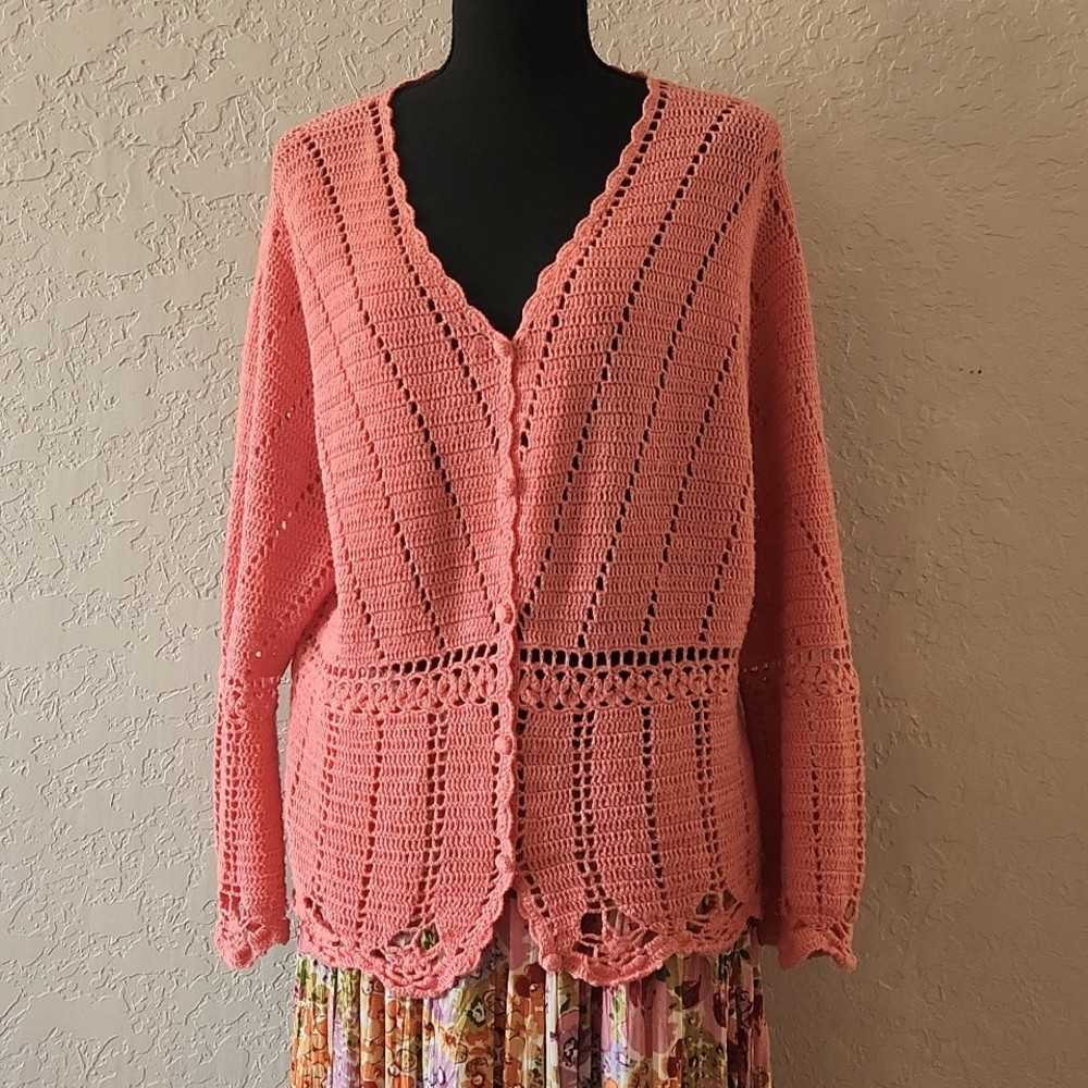 Crocheted Coral V Neck Sweater